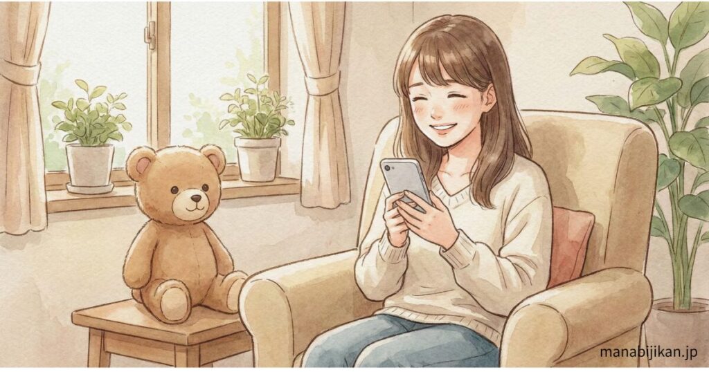 テディベアのぬいぐるみ講師とリラックスして話す女性