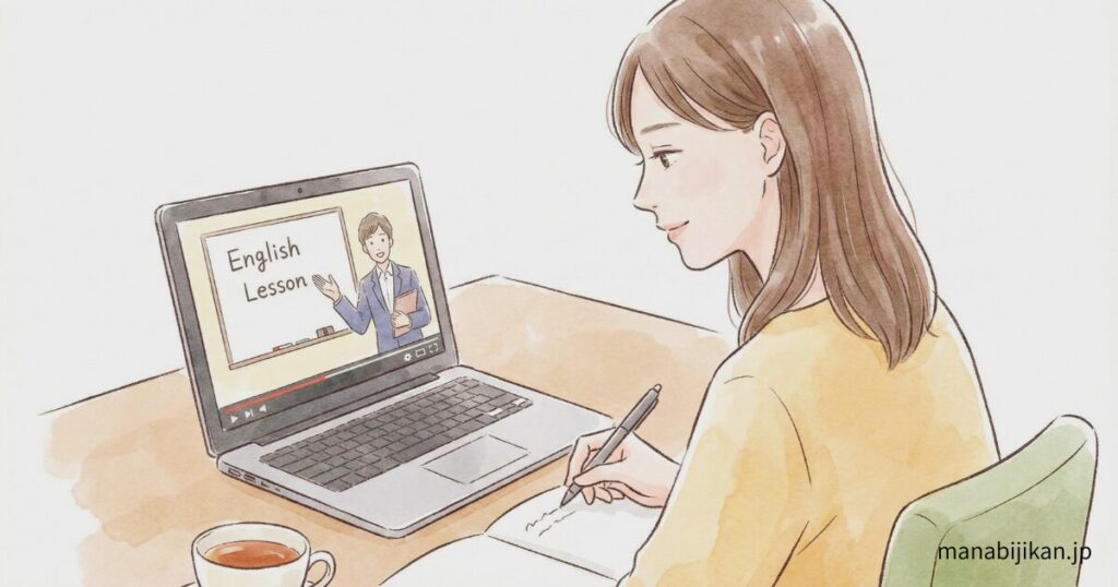 予習動画を見ながらノートを取る落ち着いた女性