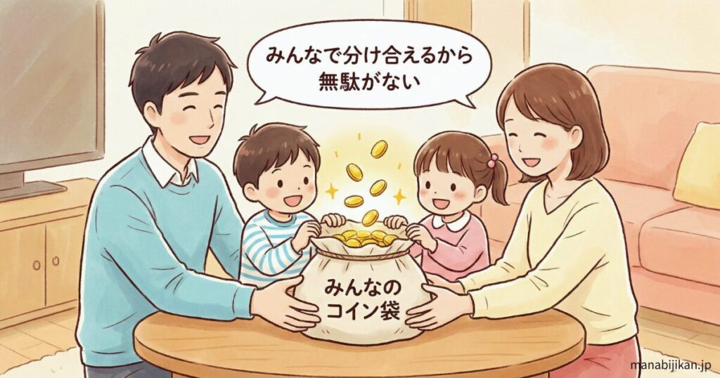 1つのコイン袋を、パパ・ママ・子供たちで分け合っているイラスト