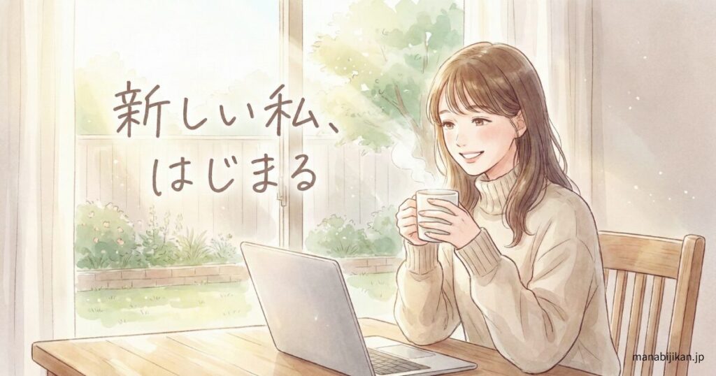 朝の光の中、晴れやかな表情でコーヒーを飲みながら、穏やかにPCを見つめる女性のイラスト。