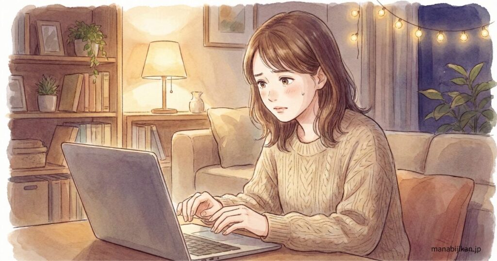 夜の静かな部屋で、ノートパソコンの前に座る日本人の大人（30代〜40代）
オンラインサービスの申込み画面を見つめて、手が止まっている様子