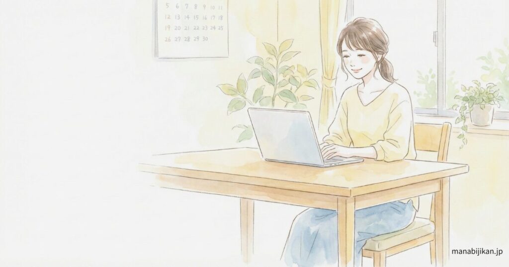 必要な時だけノートPCを開いてオンライン学習をしている日本人の女性