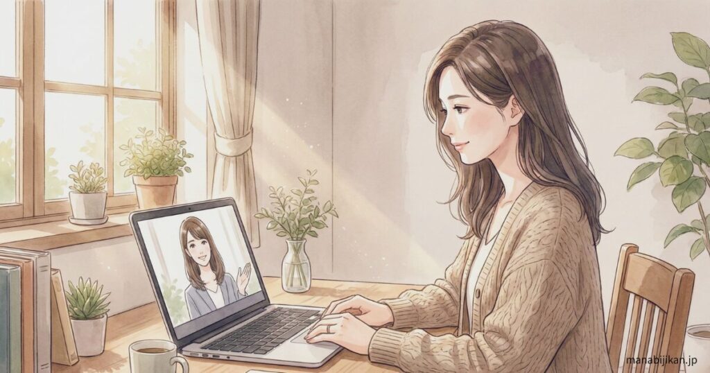 自宅のデスクでノートパソコンを開き、オンライン学習の準備をしている日本人の女性