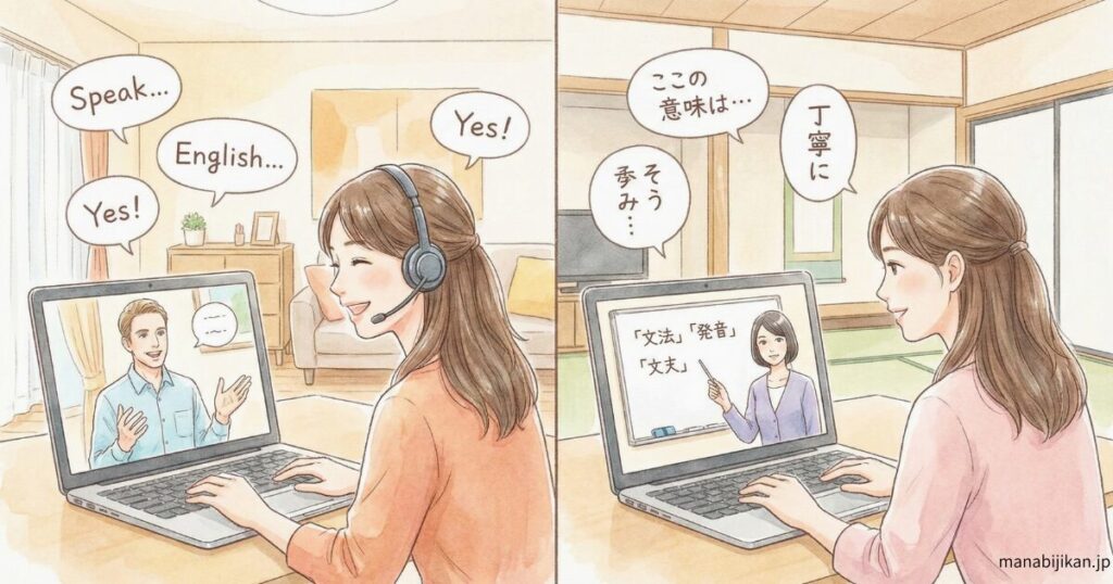 左側にネイティブ講師との英会話シーン（英語のみ）
右側に日本人講師との指導シーン（日本語で丁寧に説明する）