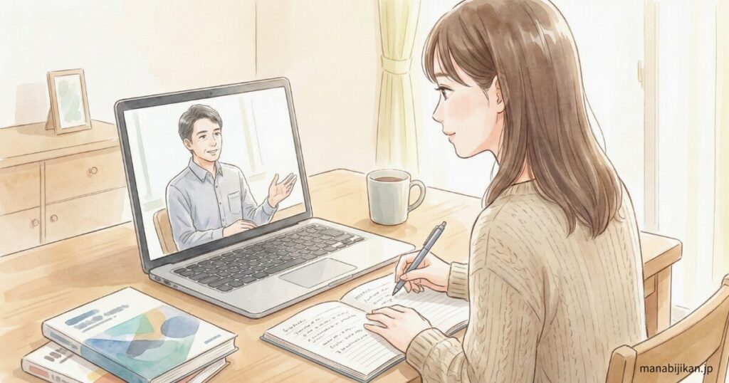 オンラインでマンツーマン指導を受けている日本人の学習者
講師は落ち着いた雰囲気で説明している様子