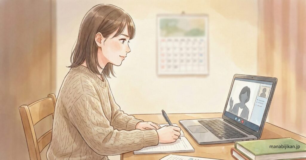 試験前に集中してオンラインレッスンを受けている日本人女性の学習者