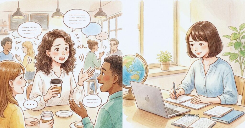 左側：大量の英語に囲まれて少し圧倒されている学習者
右側：落ち着いた環境で必要な分だけ学習している学習者