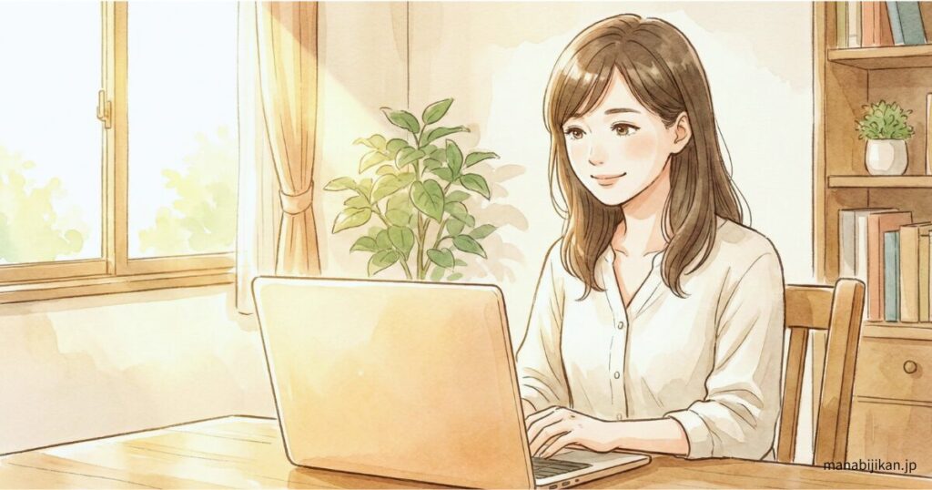 ノートパソコンを前に、少し安心した表情で画面を見ている日本人女性
表情は「決断」ではなく「確認している」落ち着いた雰囲気