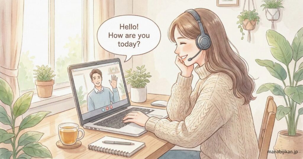 やさしい雰囲気のオンライン英会話受講イラスト