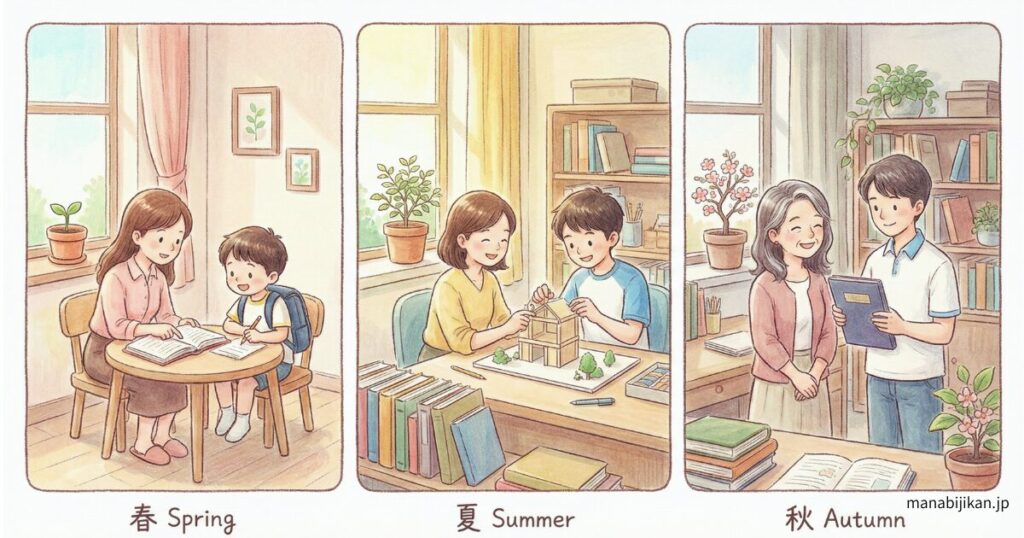 先生と生徒が継続的に学習している様子のやさしいイラスト