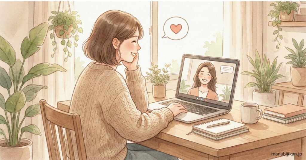 安心してオンラインレッスンを受けているやさしい雰囲気のイラスト