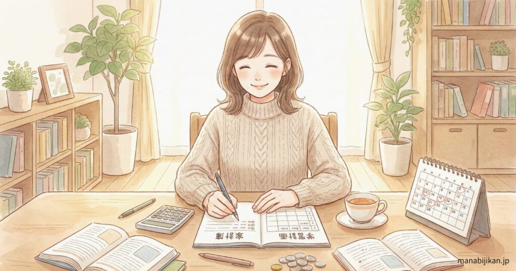 家計・学習計画を考えているやさしい雰囲気のイラスト