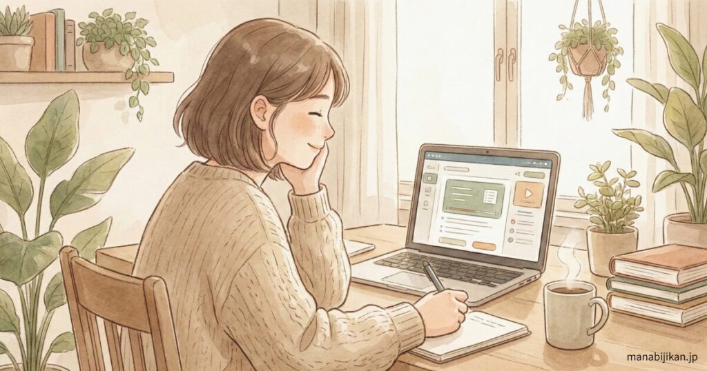 落ち着いてオンライン学習しているやさしい雰囲気の人物イラスト