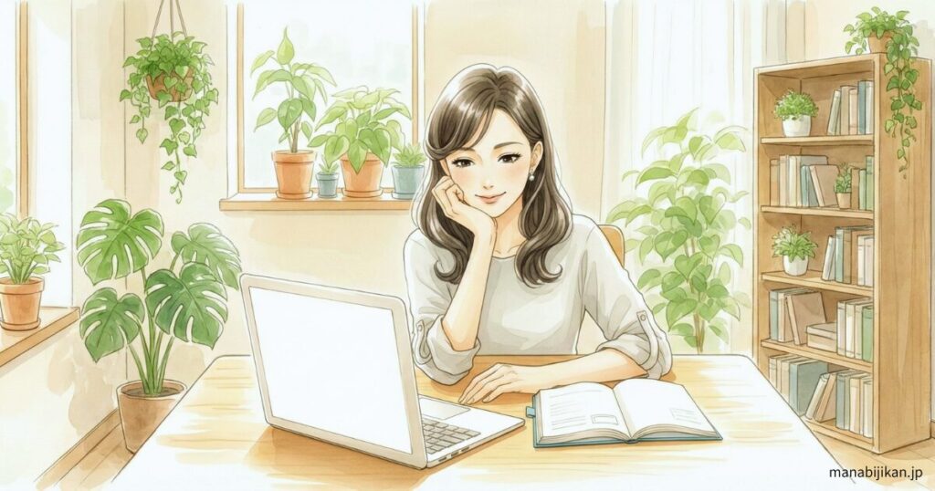 比較検討している落ち着いた雰囲気の人物イラスト