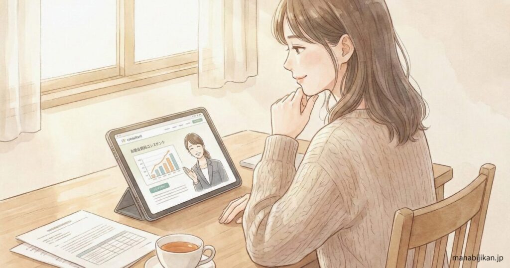 納得してサービスを検討している落ち着いた人物イラスト