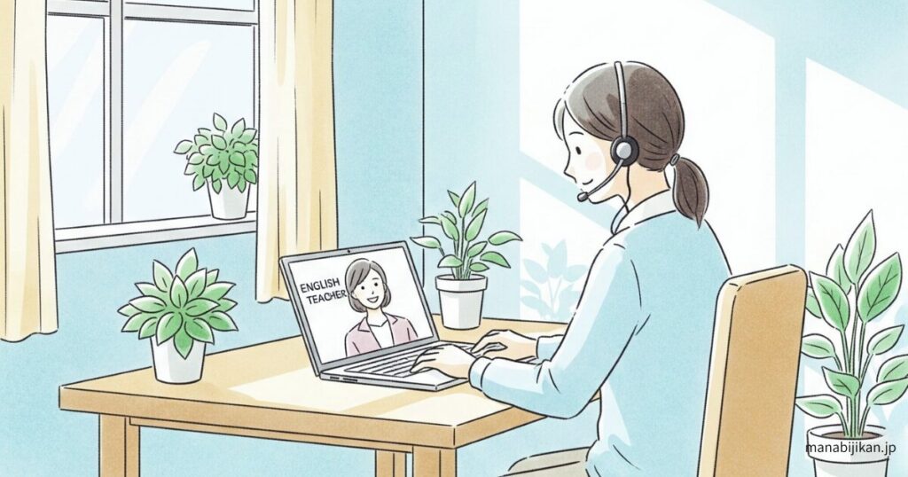 落ち着いた雰囲気でオンライン英会話を受けている大人の女性のイラスト