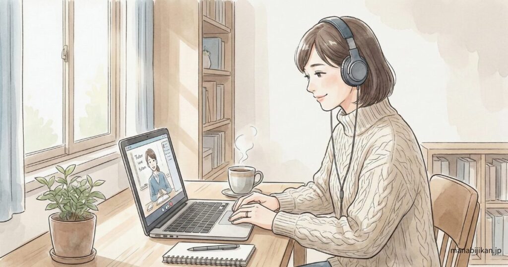 落ち着いた雰囲気でレッスンを受けている女性のイラスト