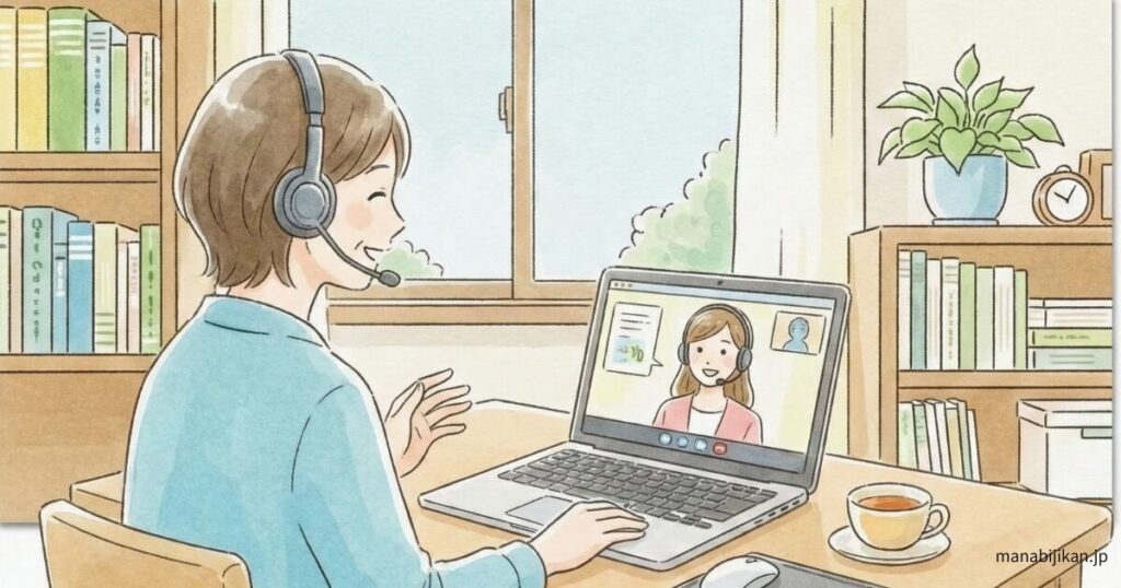 落ち着いた雰囲気で学習している大人の女性イメージイラスト