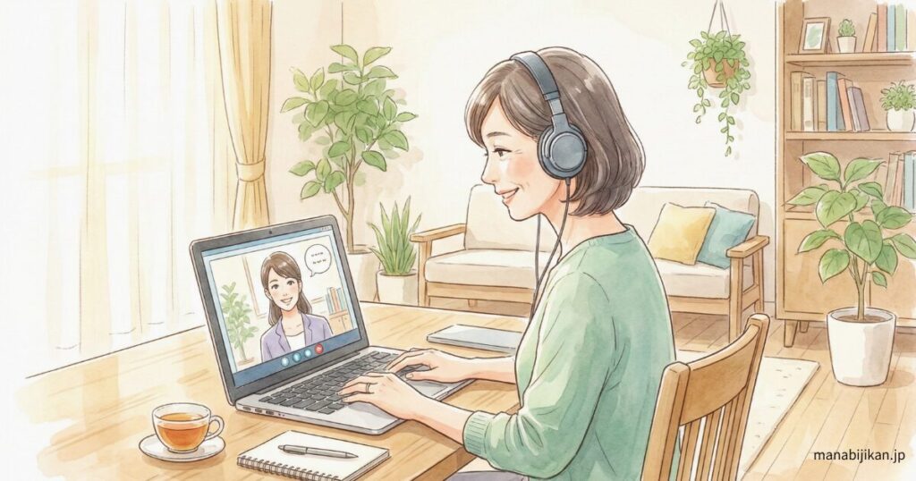 安心してオンライン英会話を始める大人のイメージイラスト