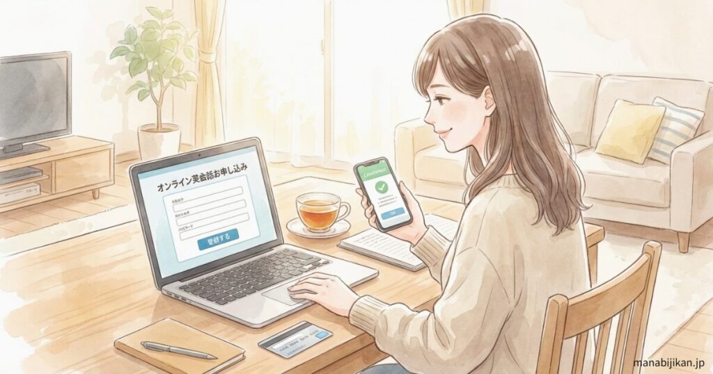 パソコンやスマホで申込みをしている大人の女性のイラスト