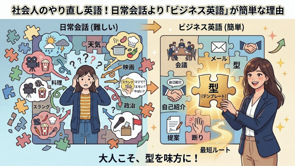 「ビジネス英語は型（パズル）を合わせるだけだから簡単なんだ！」という気づきとモチベーションを与えるイラスト