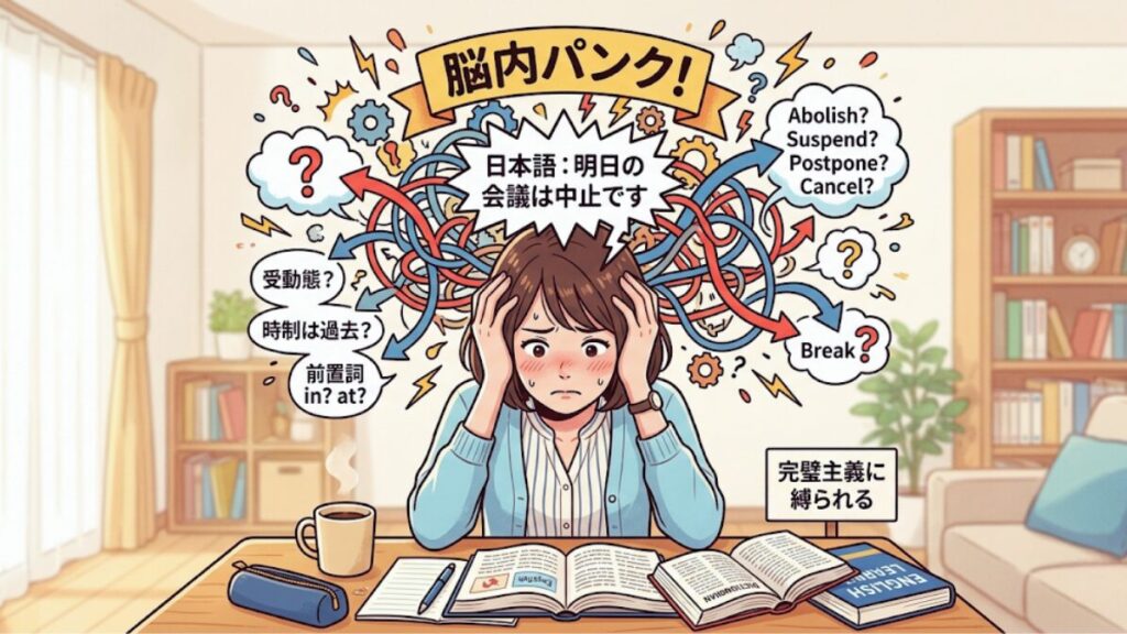 頭の中で「日本語→英語」の変換や文法チェックをしてパンクしそうになっている様子を図解したイラスト