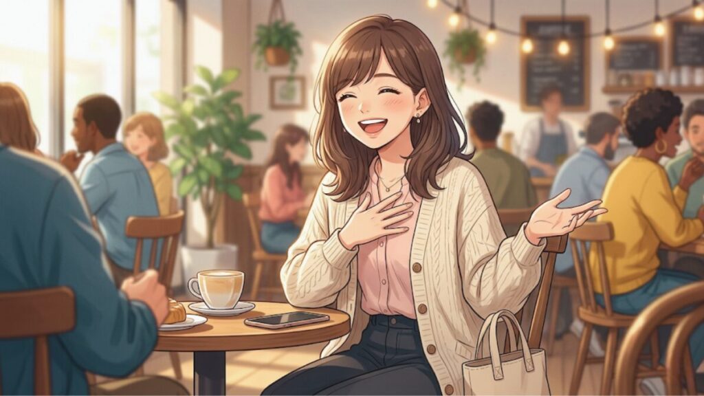笑顔でジェスチャーを交えながら、楽しそうに会話している日本人女性のイラスト