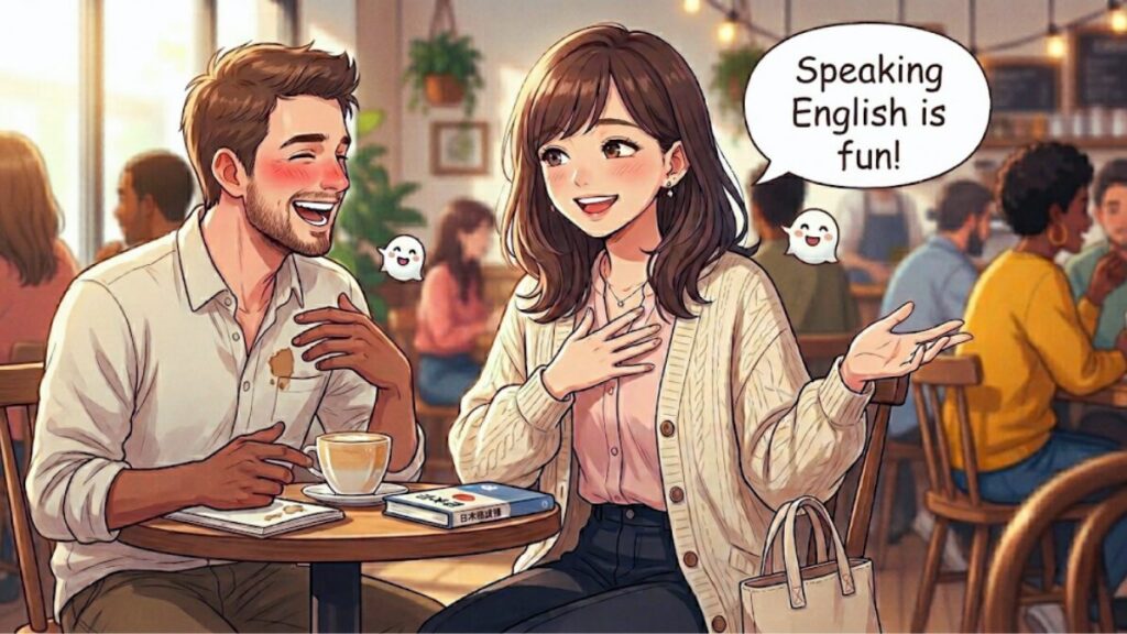 外国人とカフェでリラックスして話し、失敗しても笑い合っている温かい雰囲気のイラスト