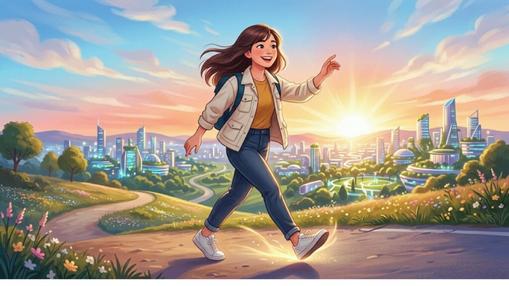 未来に向かって、自信を持って一歩踏み出している晴れやかな表情の女性のイラスト