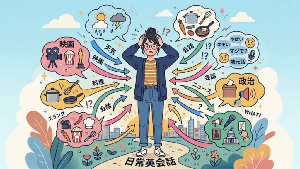 「日常英会話」の無限の可能性と話題に圧倒されている日本人女性の様子