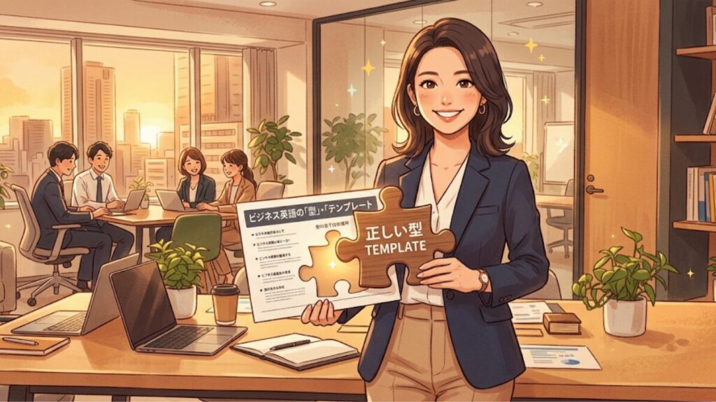 オフィスカジュアルを着た自信に満ちた日本人女性が、書類にぴったりとはまるパズルのピースを持っている.。テンプレート」を当てはめるだけであることを表現している