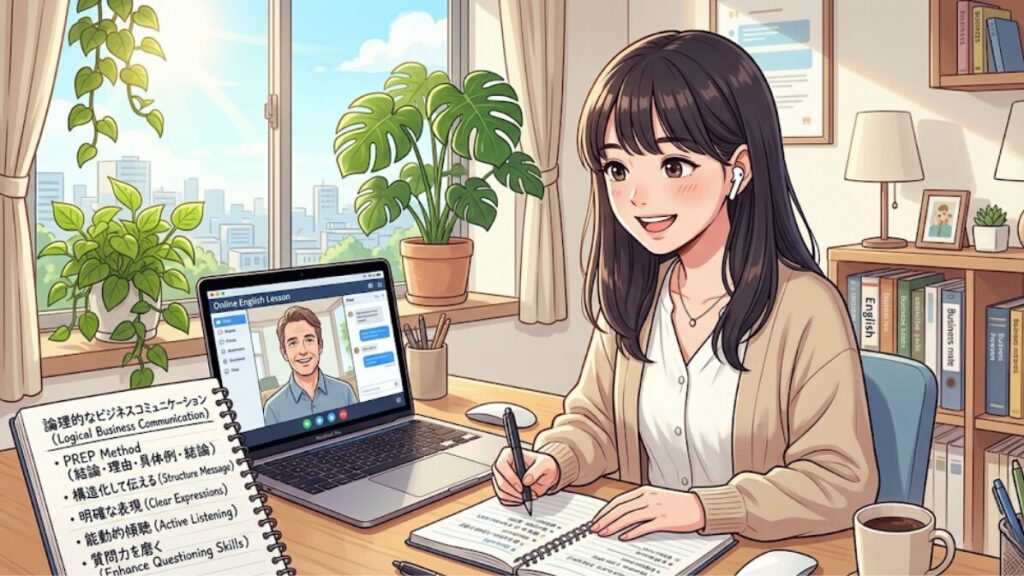 笑顔でノートパソコンの画面を見ながらオンライン英会話レッスンに参加している若い日本人女性のイラスト。