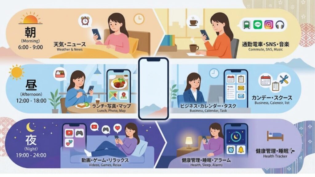 1日のスケジュール（朝・昼・夜）とスマホを活用している様子