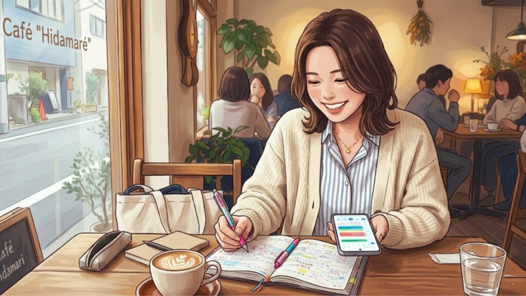 スケジュール帳やスマホを見ながら、笑顔で計画を立てている女性