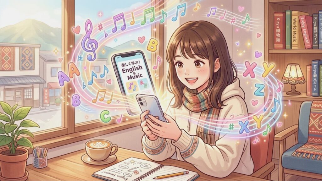スマホの画面から音符やアルファベットが飛び出しているような、楽しく学べる雰囲気が伝わるイラスト