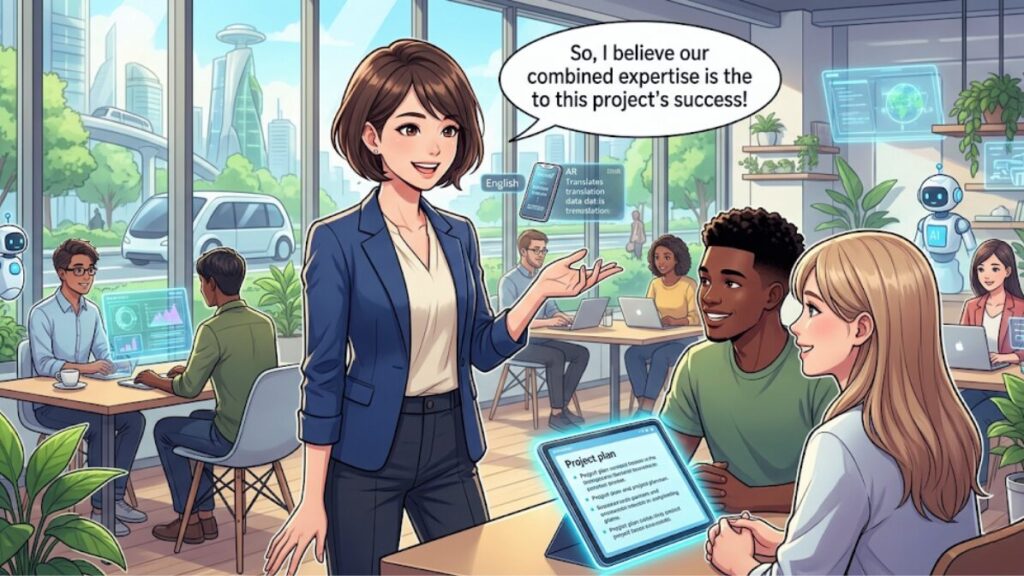 少し先の未来で、自信を持って笑顔で仕事をしている。英語で会話している女性のイラスト。