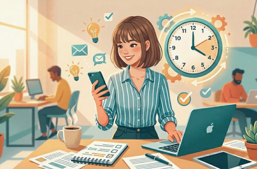 時計とスマホ、または忙しそうだけど前向きな女性のイラスト